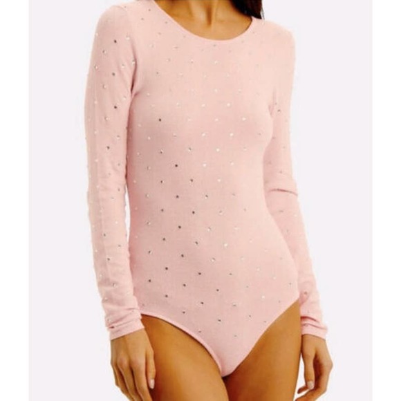 Ronny Kobo Chani Bodysuit Pink Rhinestone Size XS Embellished Long Sleeve Knit